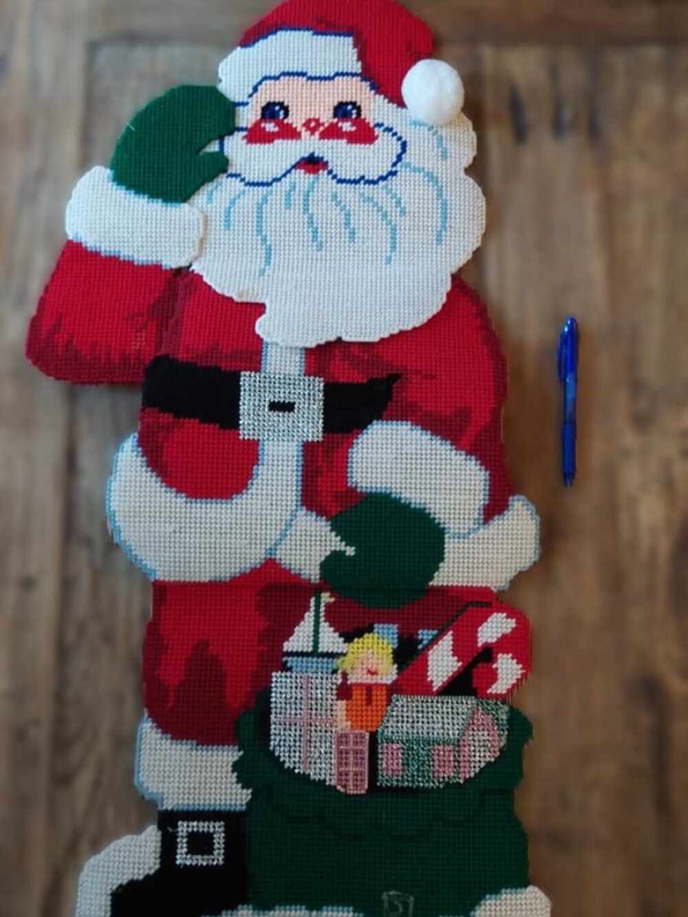 Vintage HUGE 30" Big Eyed Santa Wall Door Hanging Needlepoint Plastic Canvas
